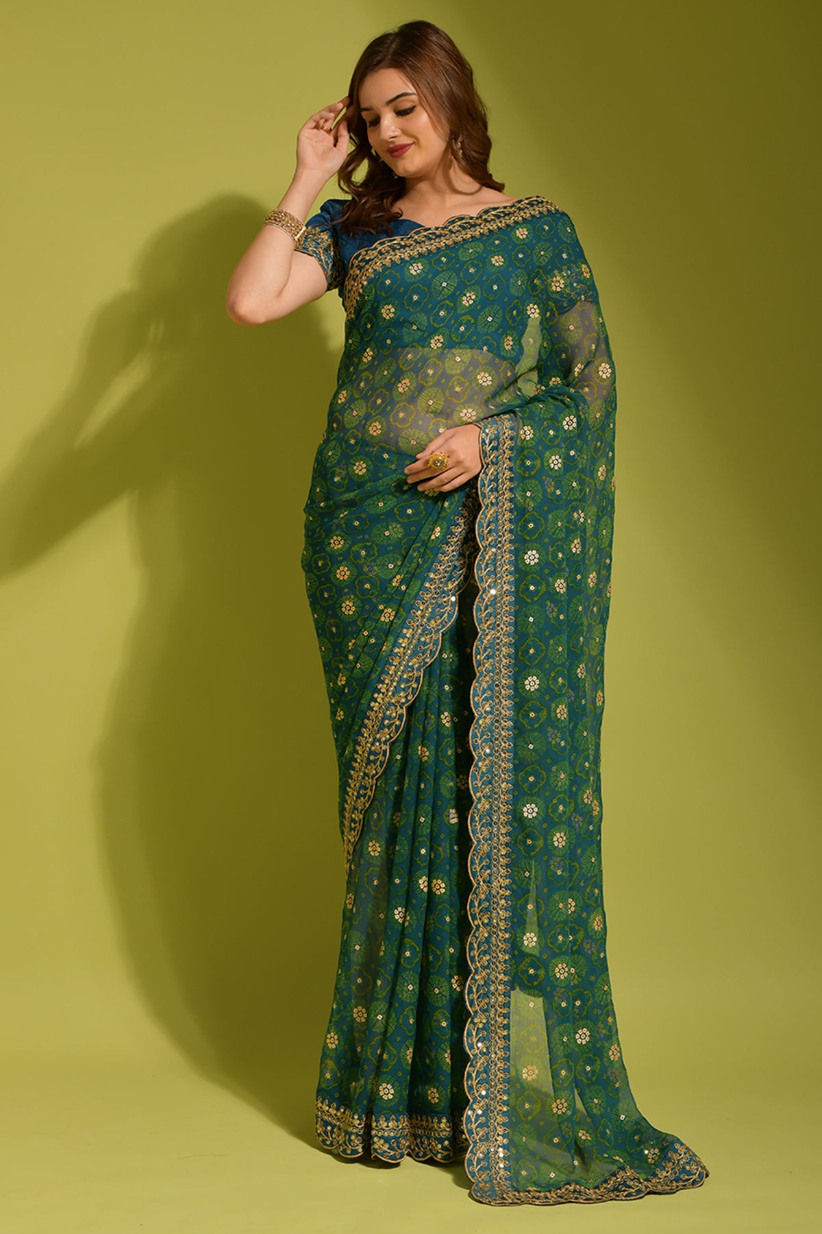 Petrol Blue Floral Georgette Chiffon Saree With Unstitched Heavy Bengalori Sarttin Blouse