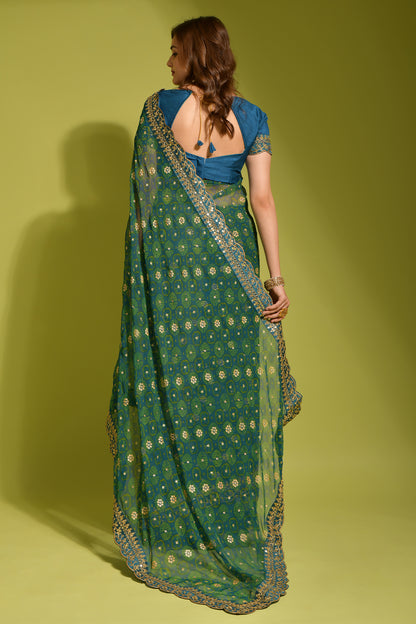 Petrol Blue Floral Georgette Chiffon Saree With Unstitched Heavy Bengalori Sarttin Blouse