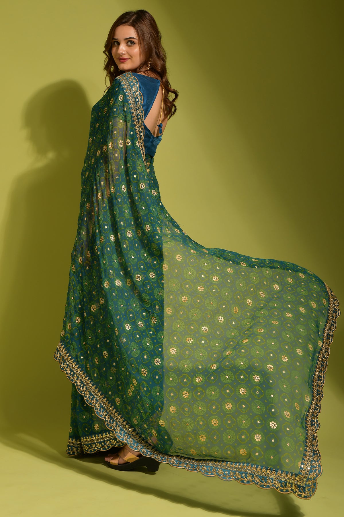 Petrol Blue Floral Georgette Chiffon Saree With Unstitched Heavy Bengalori Sarttin Blouse