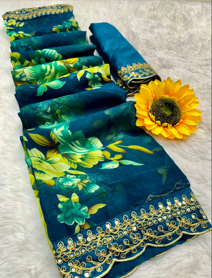 Dark Blue Floral Georgette Chiffon Saree With Unstitched Heavy Bengalori Sarttin Blouse