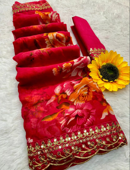 Pink Floral Georgette Chiffon Saree With Unstitched Heavy Bengalori Sarttin Blouse
