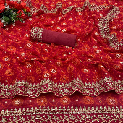 Red Floral Georgette Chiffon Saree With Unstitched Heavy Bengalori Sarttin Blouse