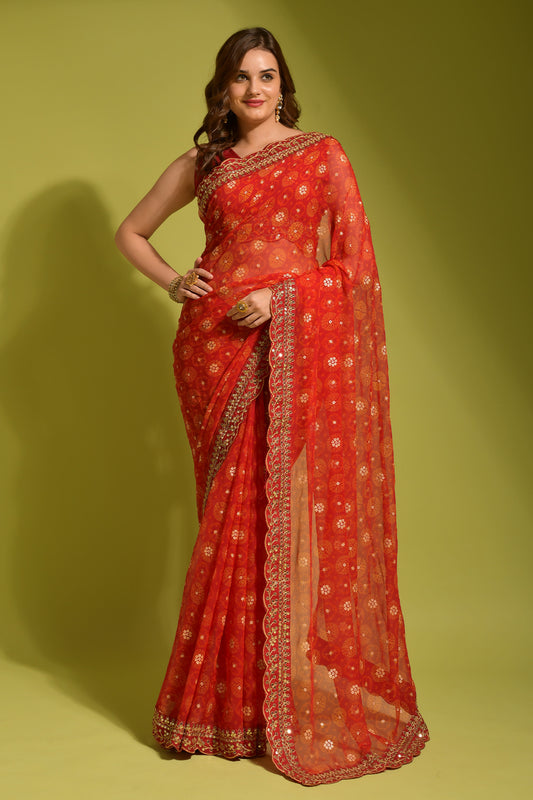 Red Floral Georgette Chiffon Saree With Unstitched Heavy Bengalori Sarttin Blouse