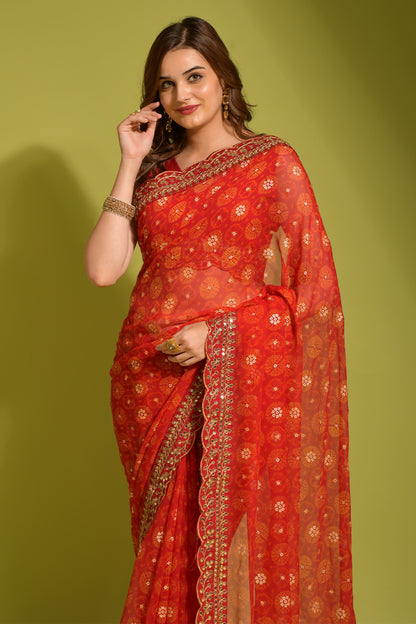 Red Floral Georgette Chiffon Saree With Unstitched Heavy Bengalori Sarttin Blouse