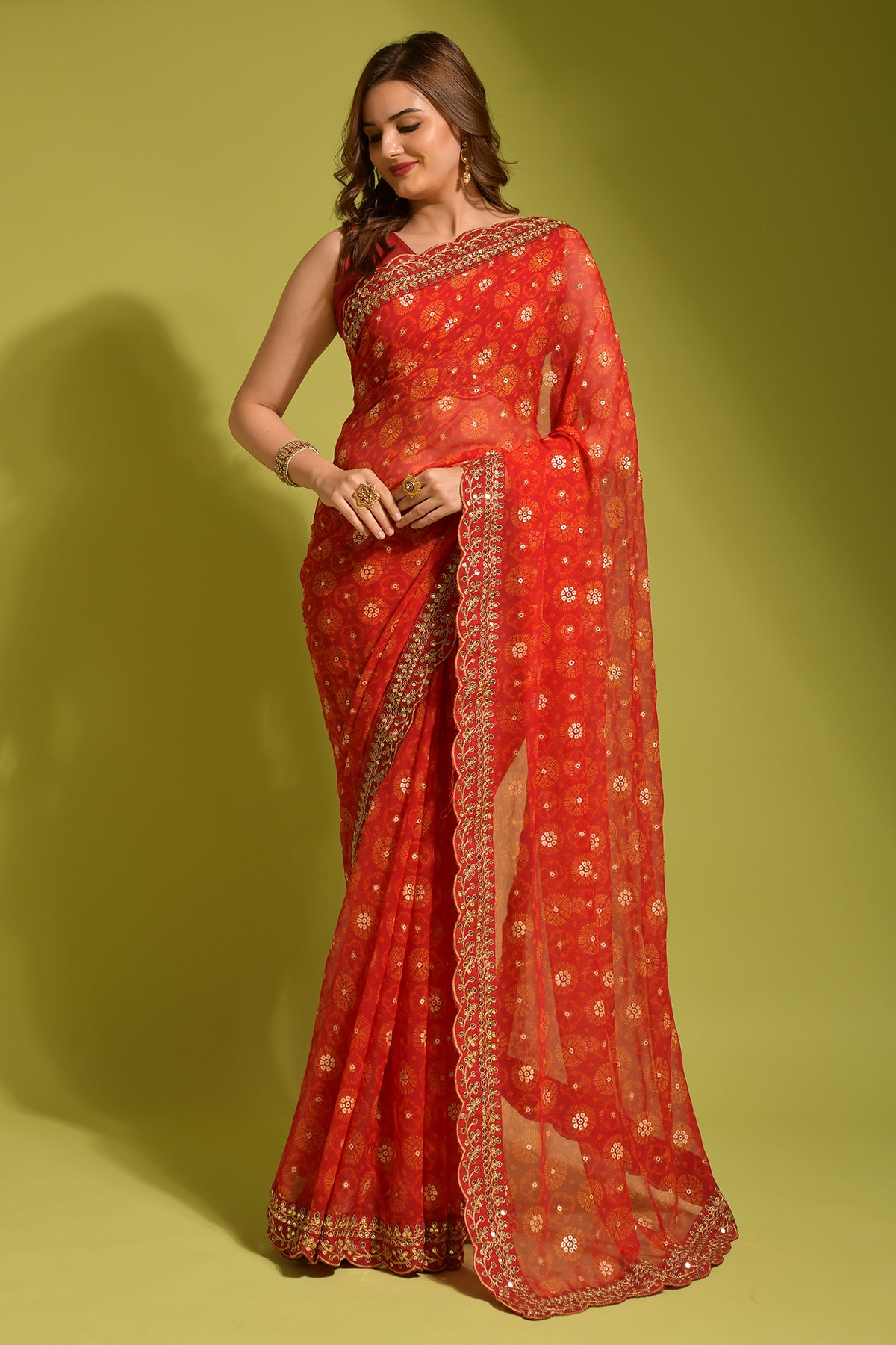 Red Floral Georgette Chiffon Saree With Unstitched Heavy Bengalori Sarttin Blouse