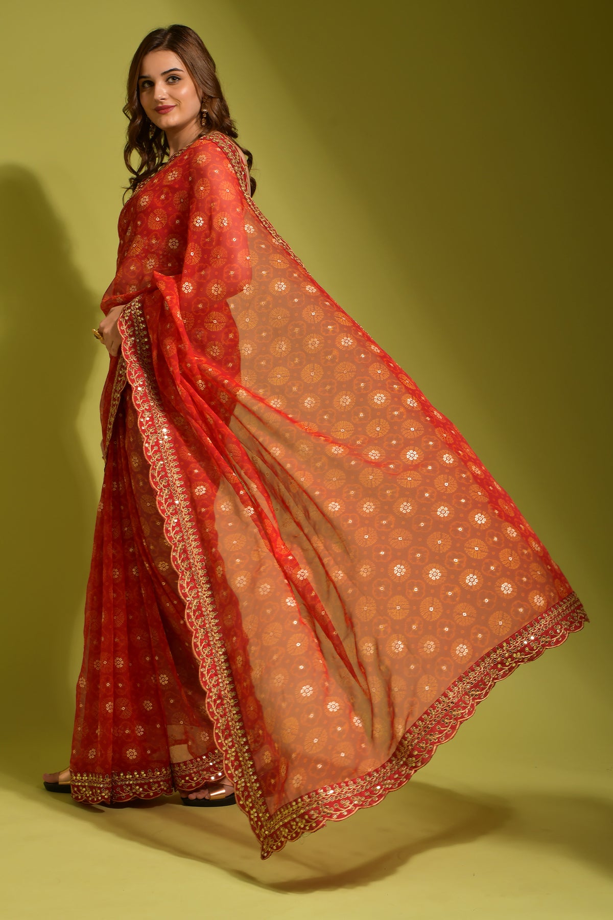 Red Floral Georgette Chiffon Saree With Unstitched Heavy Bengalori Sarttin Blouse