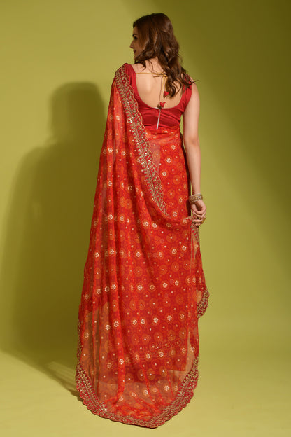 Red Floral Georgette Chiffon Saree With Unstitched Heavy Bengalori Sarttin Blouse