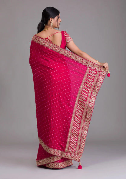 Heavy Pigment Chinon saree with heavy zari embroidery sequins work lace and blouse With Belt