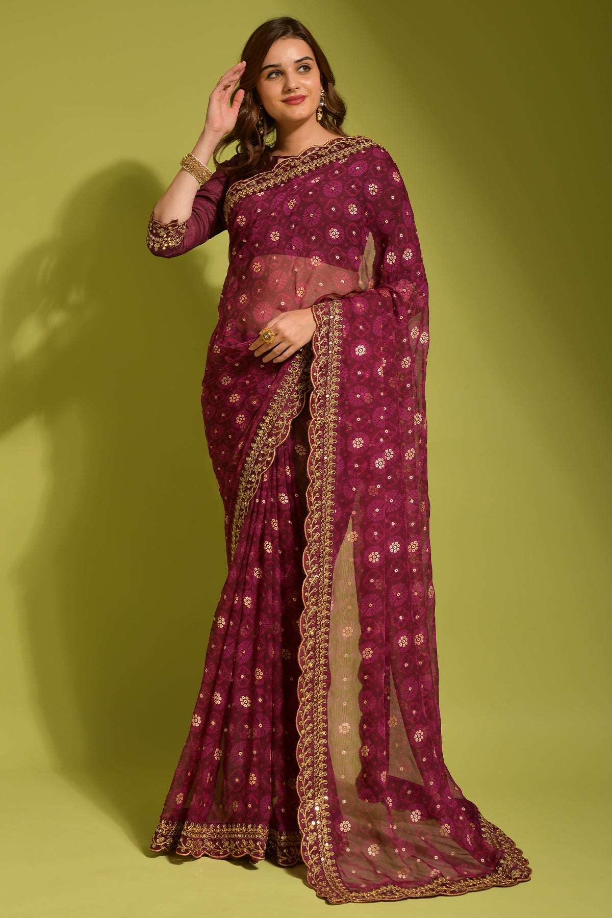Maroon Floral Georgette Chiffon Saree With Unstitched Heavy Bengalori Sarttin Blouse