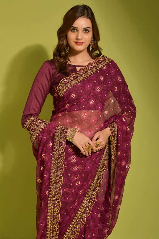Maroon Floral Georgette Chiffon Saree With Unstitched Heavy Bengalori Sarttin Blouse