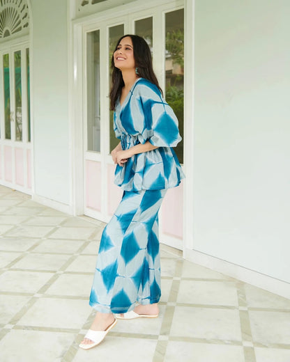 Geometrical Printed Blue and White Top And Palazzo co-ord set