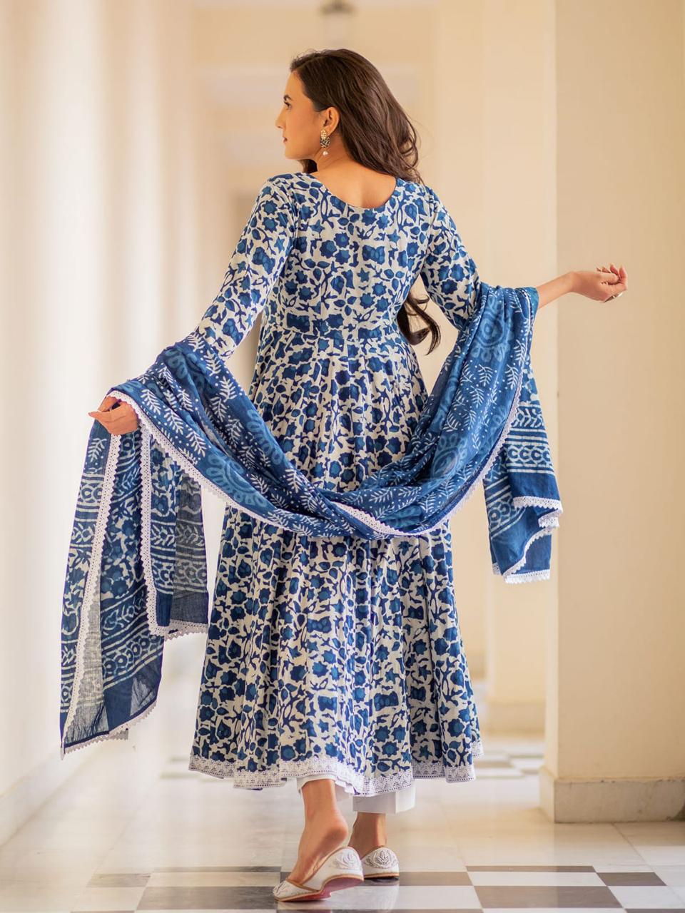 Flower Print Rayon Fabric Blue Kurta Pant Set with Dupatta