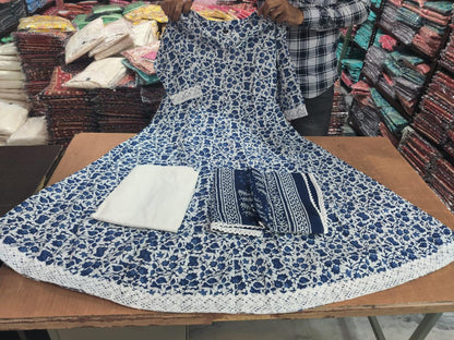 Flower Print Rayon Fabric Blue Kurta Pant Set with Dupatta