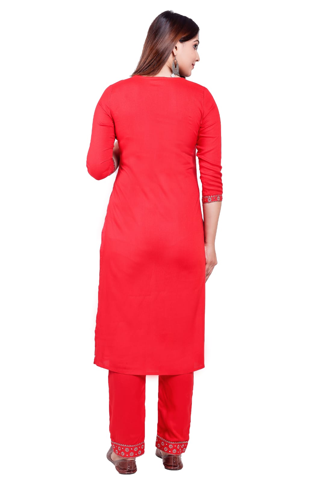 Solid Rayon Fabric Red Straight Kurta Pant Set