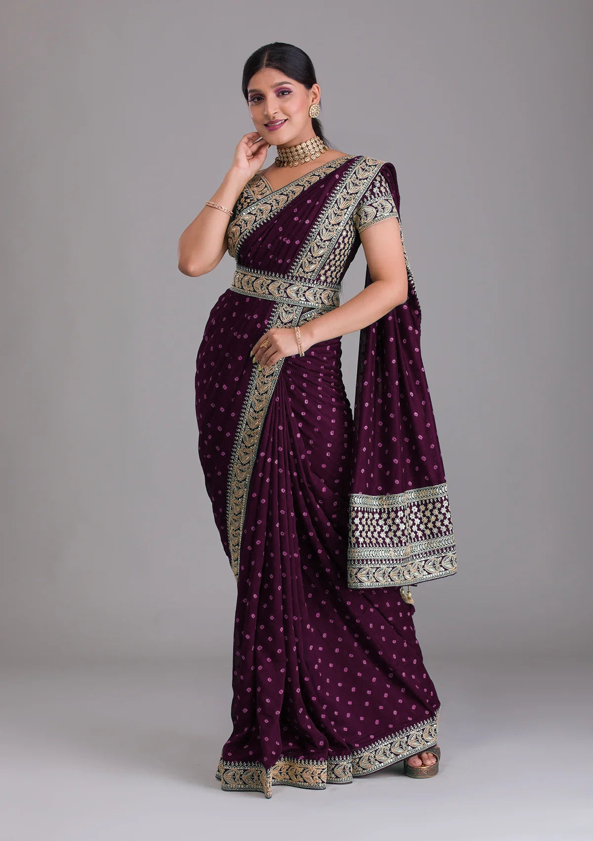 Heavy Pigment Chinon saree with heavy zari embroidery sequins work lace and blouse With Belt