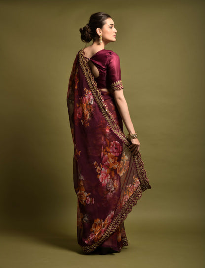 Maroon Floral Georgette Chiffon Saree With Unstitched Heavy Bengalori Sarttin Blouse