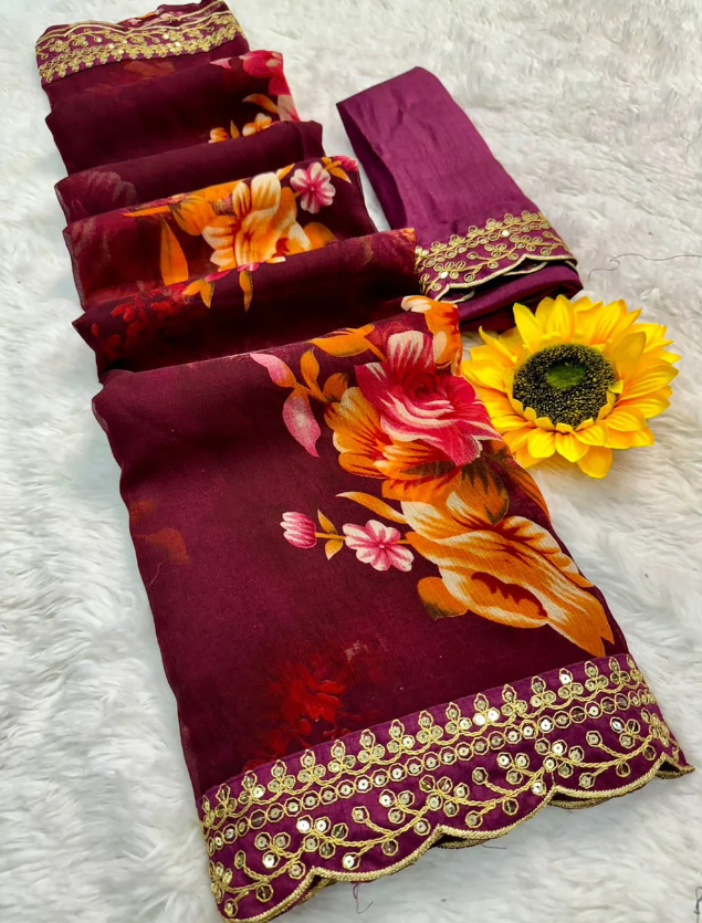 Maroon Floral Georgette Chiffon Saree With Unstitched Heavy Bengalori Sarttin Blouse