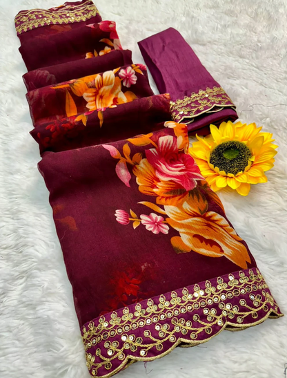 Maroon Floral Georgette Chiffon Saree With Unstitched Heavy Bengalori Sarttin Blouse