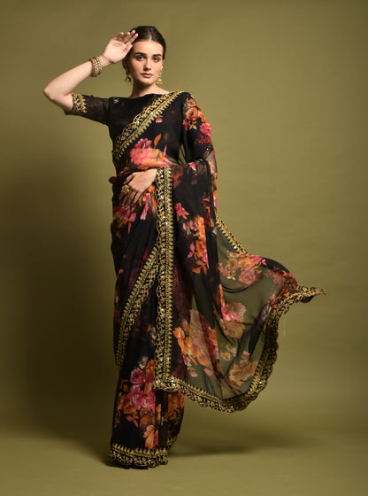 Black Floral Georgette Chiffon Saree With Unstitched Heavy Bengalori Sarttin Blouse