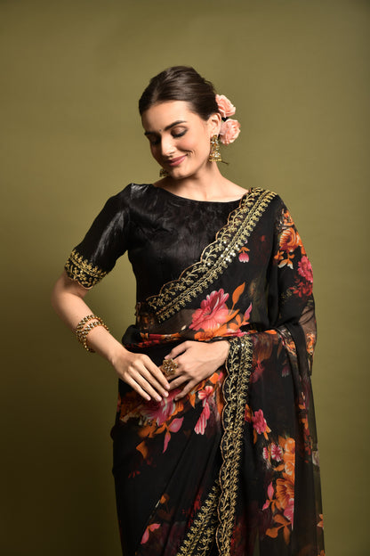 Black Floral Georgette Chiffon Saree With Unstitched Heavy Bengalori Sarttin Blouse
