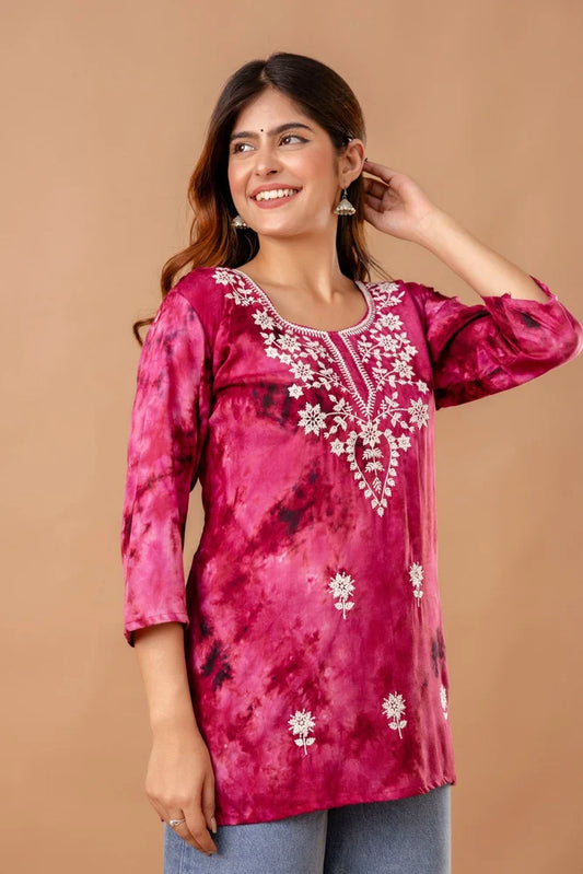 Pink Rayon Ladies Embroidered Short Kurti Set for Women