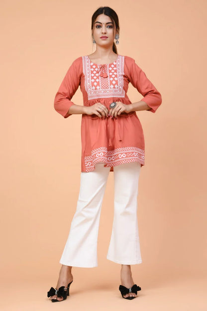 Orange Embroidered Women Top Set for Women