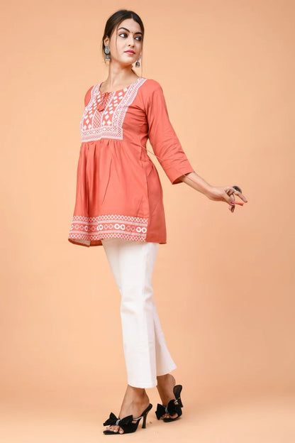 Orange Embroidered Women Top Set for Women