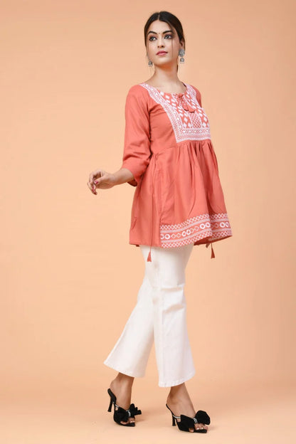 Orange Embroidered Women Top Set for Women