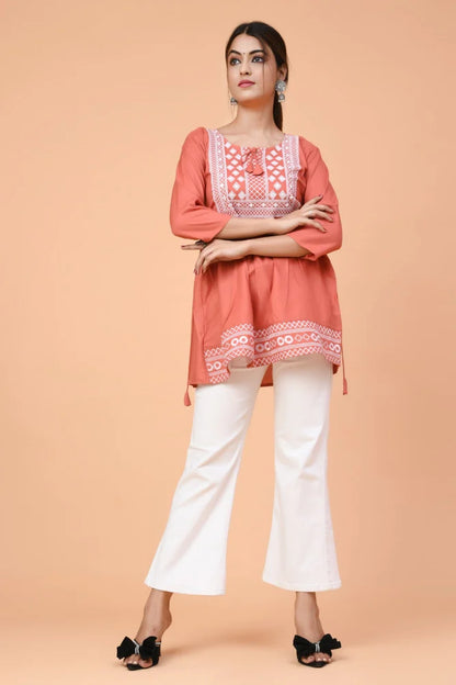 Orange Embroidered Women Top Set for Women