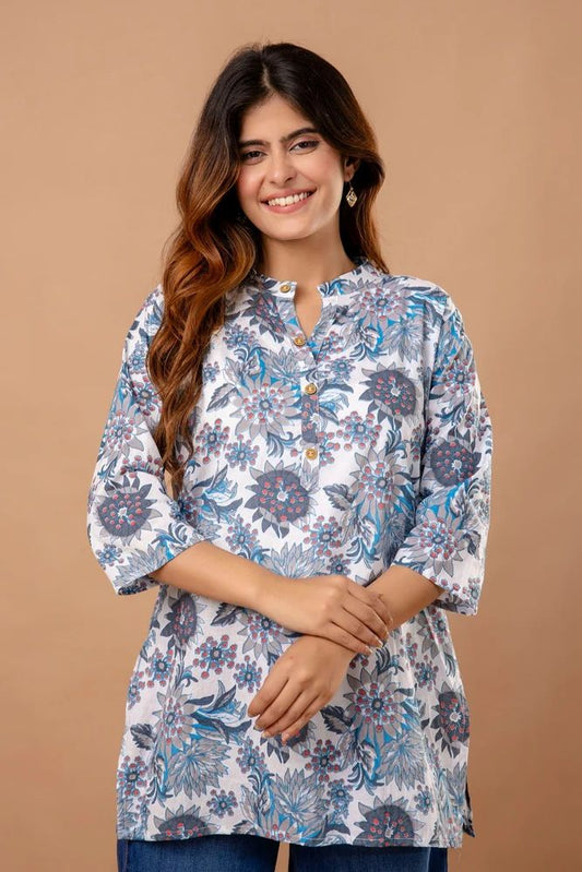 Grey Digital Printed Cotton Short Kurti Top Set for Women