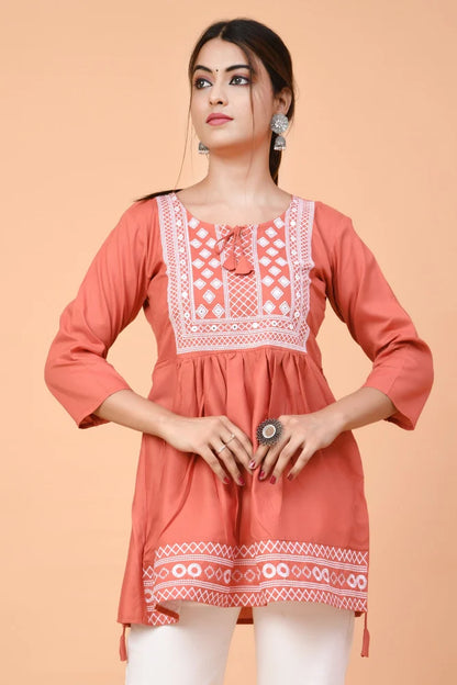 Orange Embroidered Women Top Set for Women