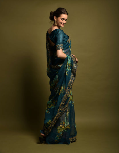 Dark Blue Floral Georgette Chiffon Saree With Unstitched Heavy Bengalori Sarttin Blouse