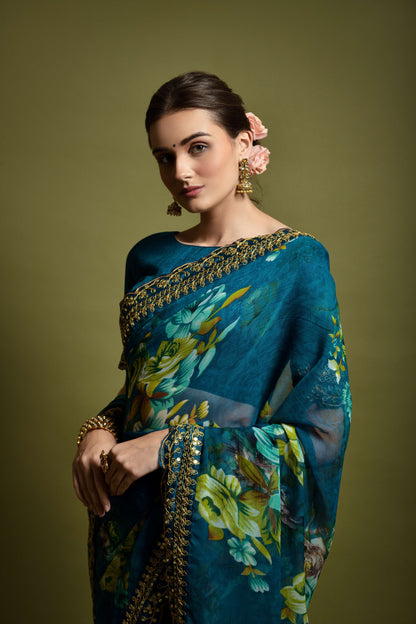 Dark Blue Floral Georgette Chiffon Saree With Unstitched Heavy Bengalori Sarttin Blouse