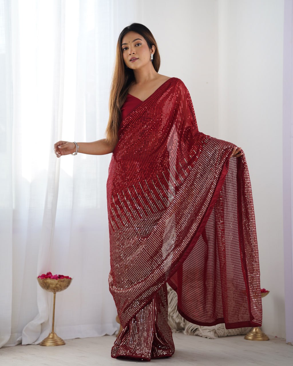Elegant Heavy Georgette Embroidered Red Saree with Unstitched Blouse
