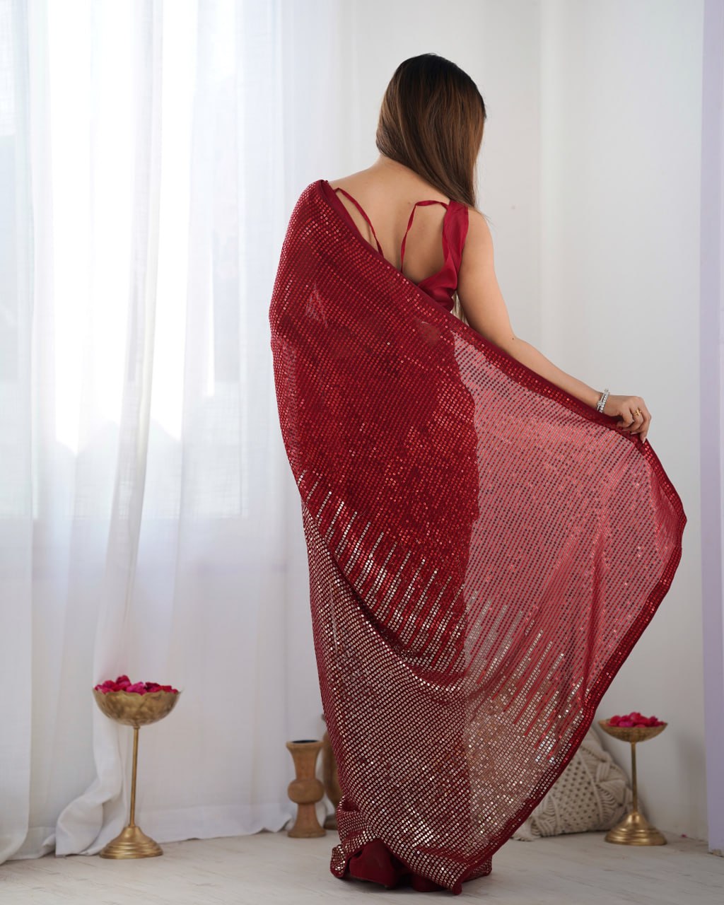Elegant Heavy Georgette Embroidered Red Saree with Unstitched Blouse