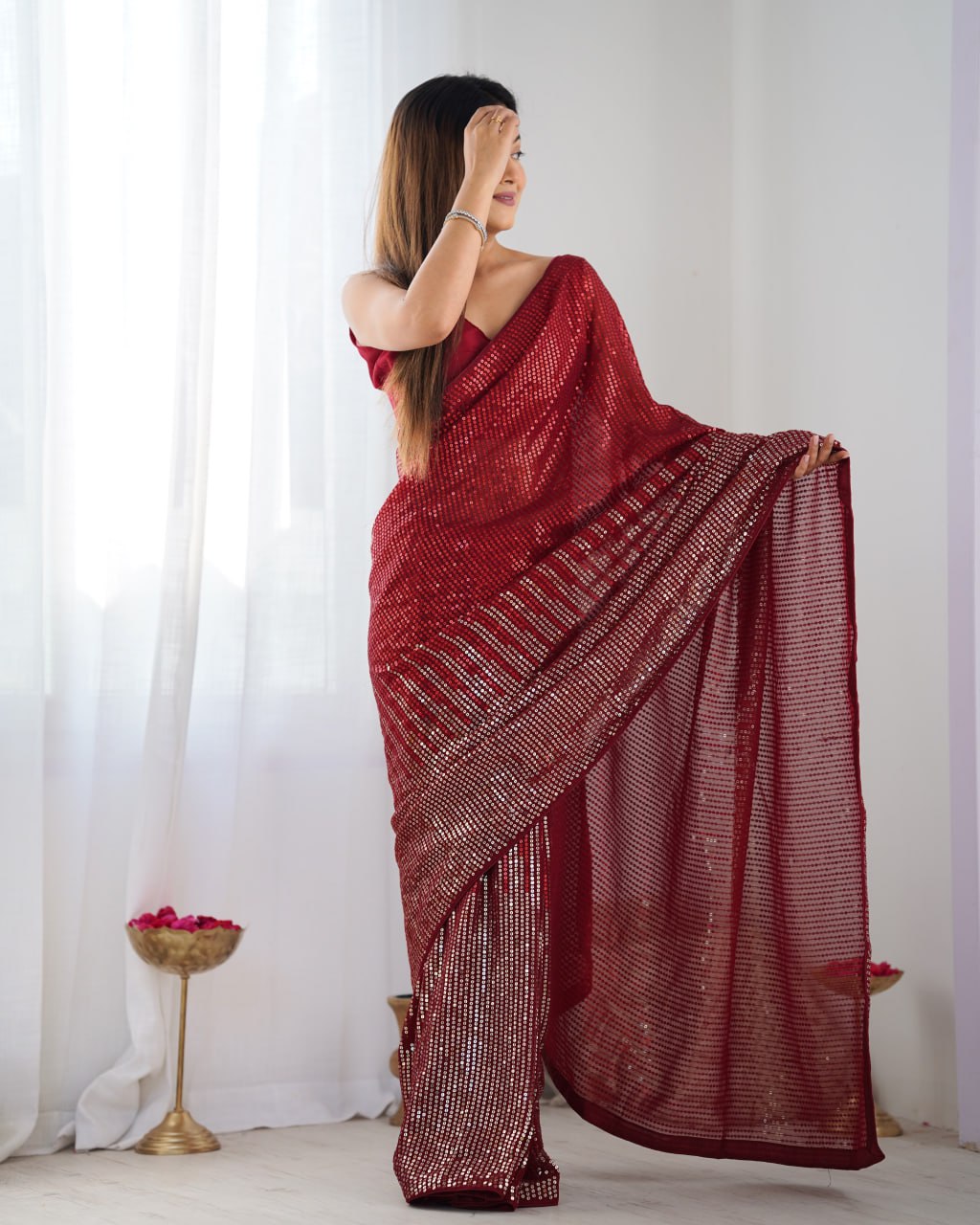 Elegant Heavy Georgette Embroidered Red Saree with Unstitched Blouse