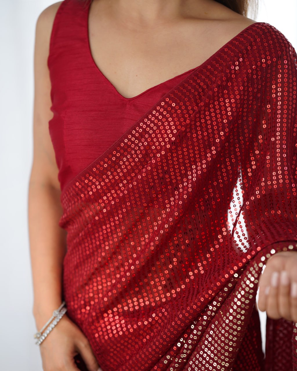 Elegant Heavy Georgette Embroidered Red Saree with Unstitched Blouse