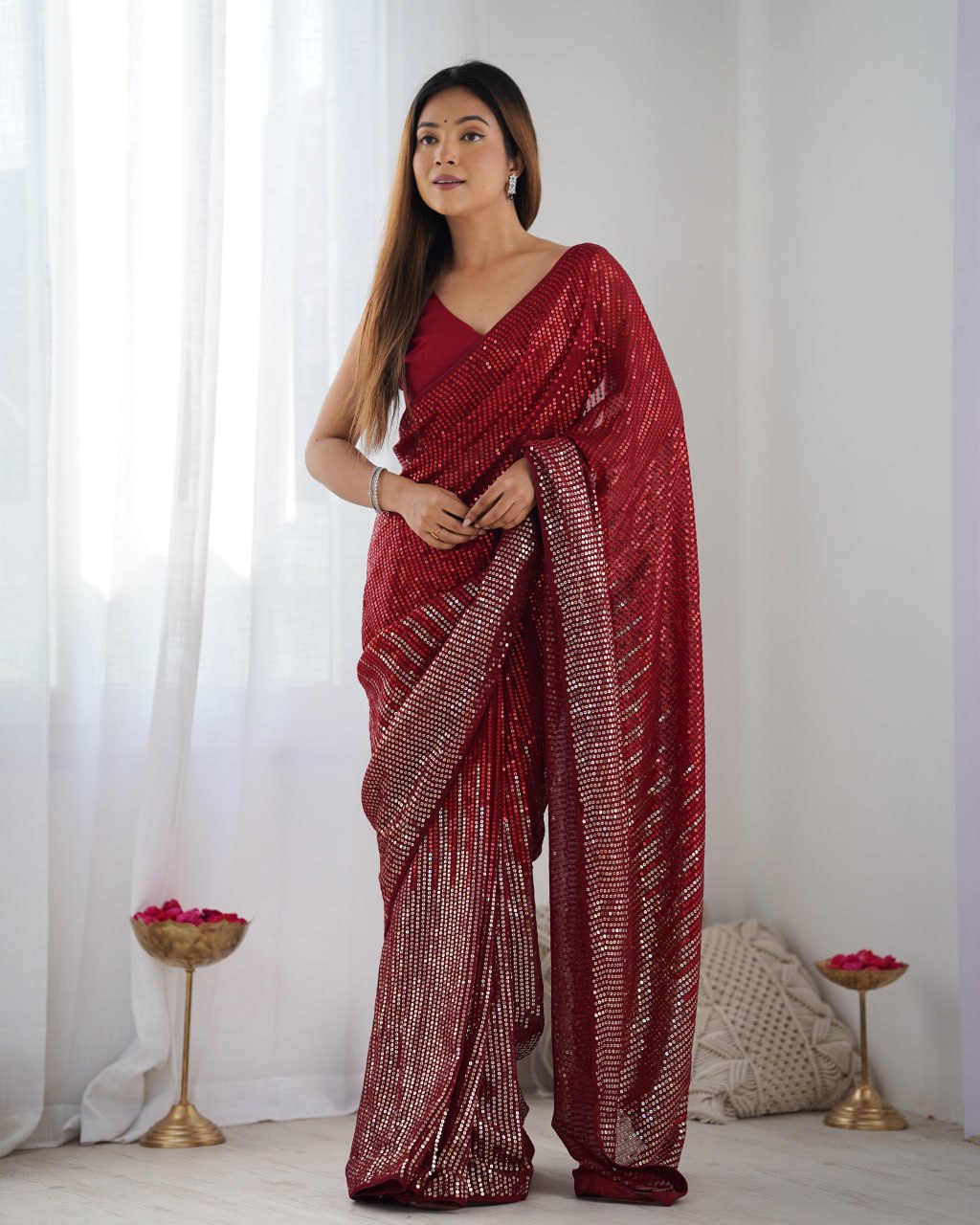 Elegant Heavy Georgette Embroidered Red Saree with Unstitched Blouse