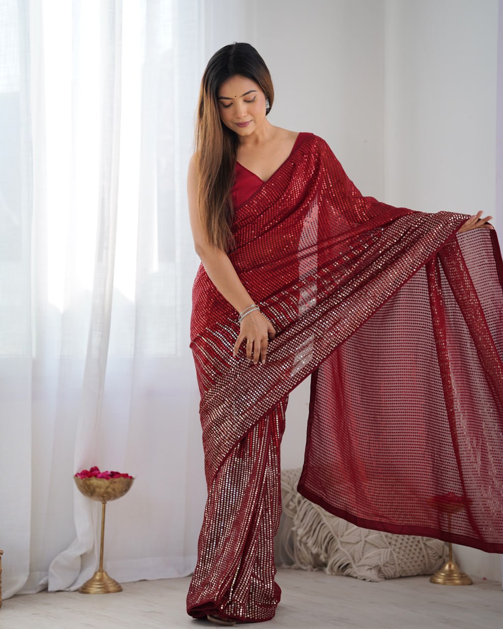 Elegant Heavy Georgette Embroidered Red Saree with Unstitched Blouse