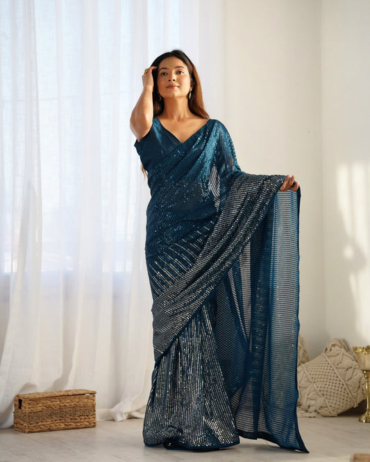 Elegant Heavy Georgette Embroidered Petrol Saree with Unstitched Blouse