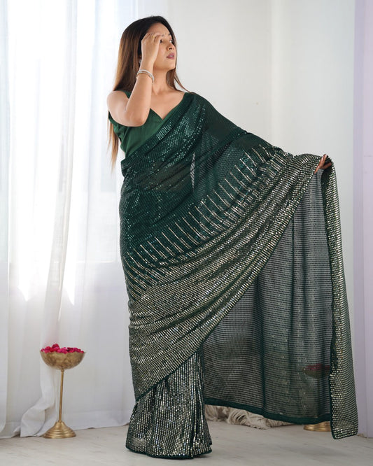 Elegant Heavy Georgette Embroidered Green Saree with Unstitched Blouse