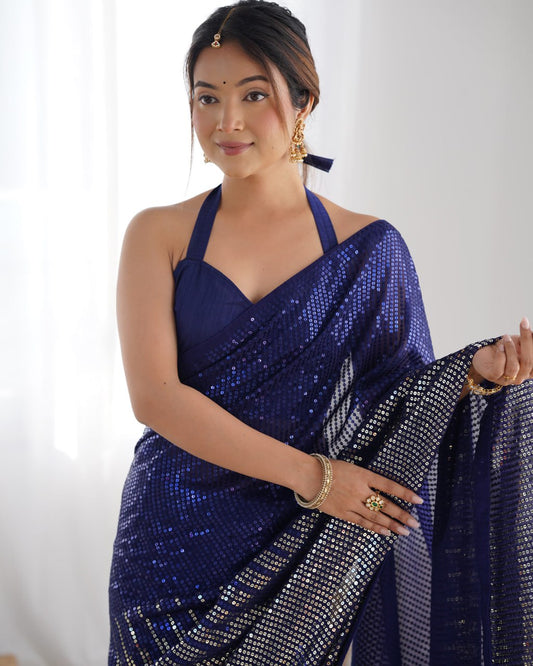 Elegant Heavy Georgette Embroidered Blue Saree with Unstitched Blouse