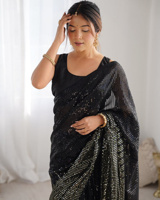 Elegant Heavy Georgette Embroidered Black Saree with Unstitched Blouse