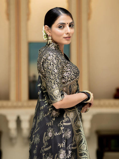Black Silk Saree With Unstitched Brocade Heavy Work Blouse