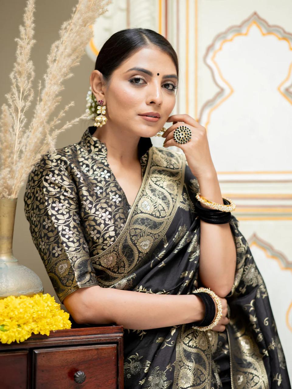 Black Silk Saree With Unstitched Brocade Heavy Work Blouse