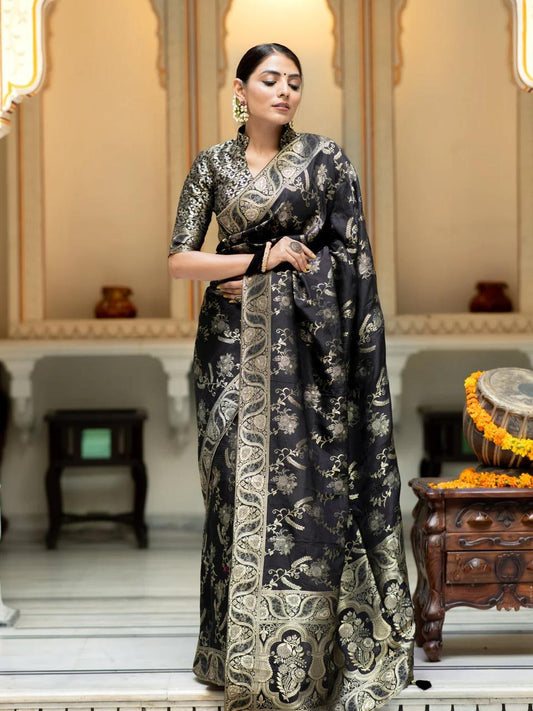 Black Silk Saree With Unstitched Brocade Heavy Work Blouse