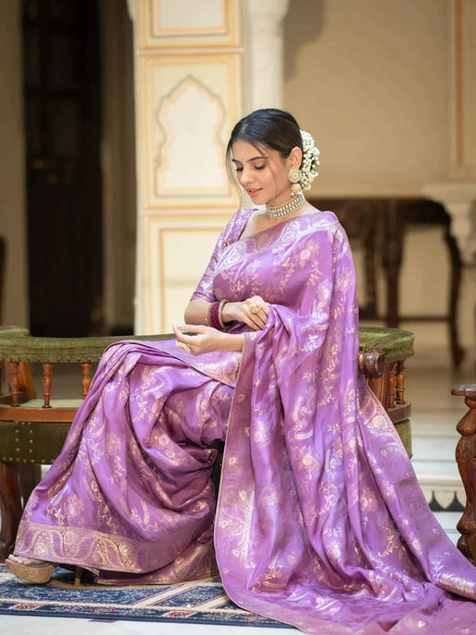 Lavender Silk Saree With Unstitched Brocade Heavy Work Blouse