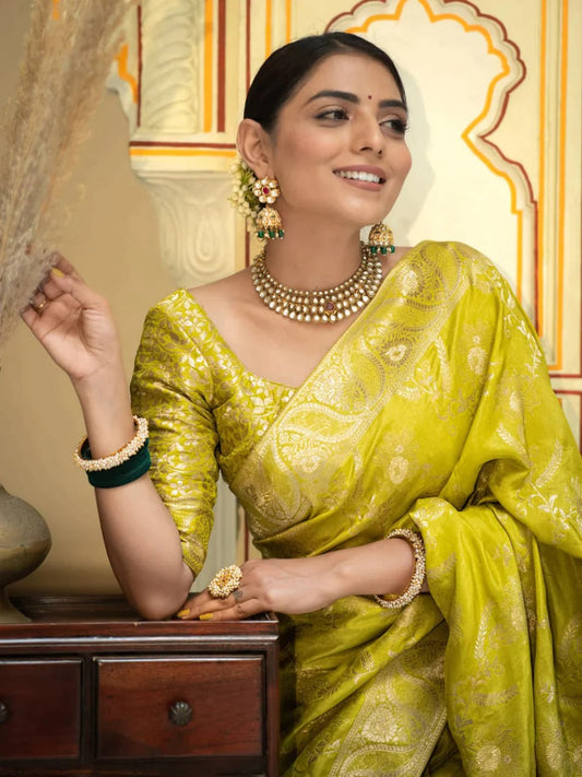 Lemon Silk Saree With Unstitched Brocade Heavy Work Blouse