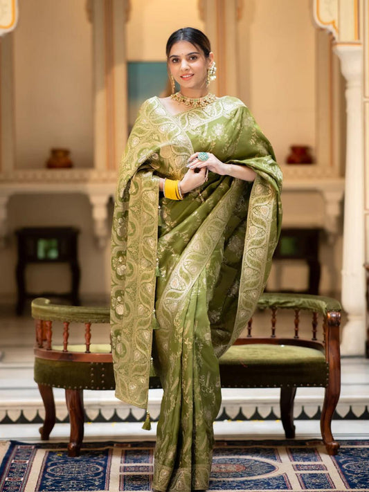 Mehandi Silk Saree With Unstitched Brocade Heavy Work Blouse
