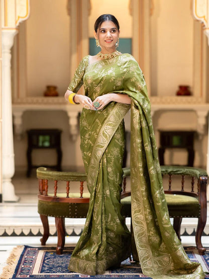 Mehandi Silk Saree With Unstitched Brocade Heavy Work Blouse